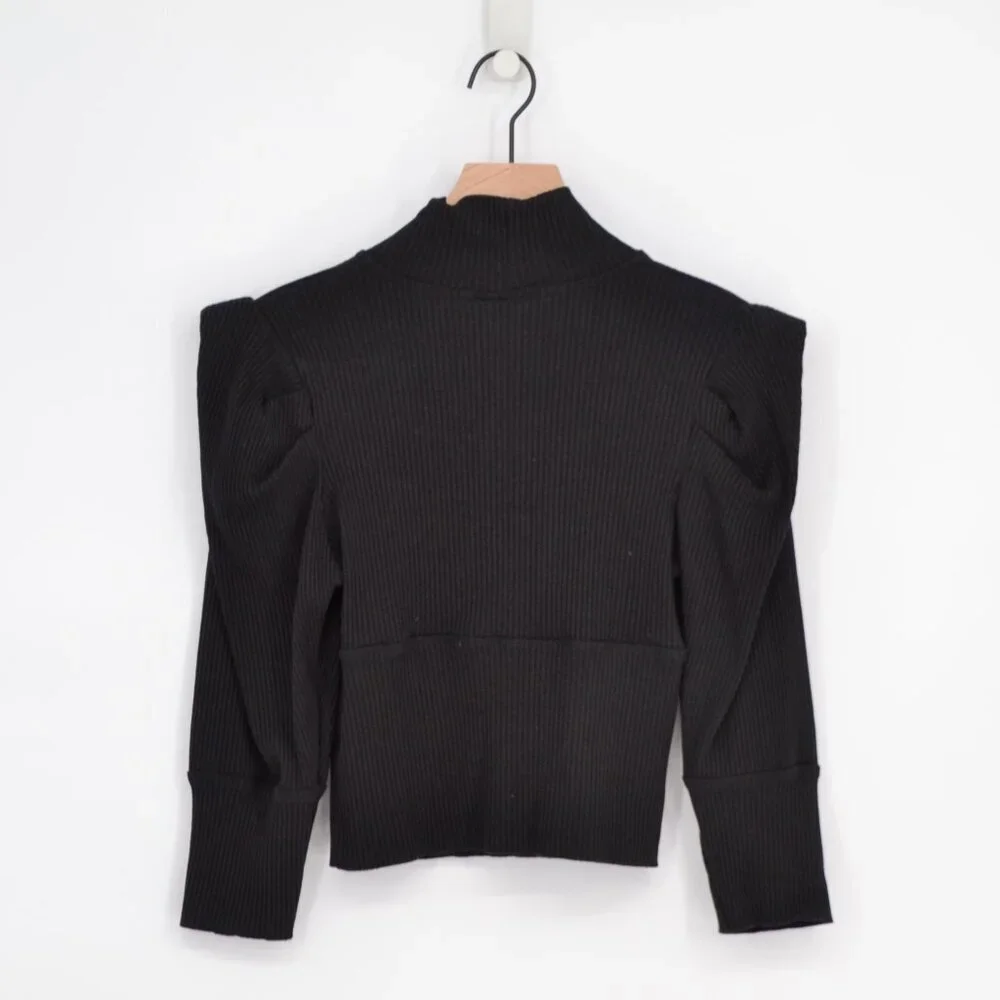 Free People Lala Puff Sleeve Cropped Top Black Women's M Ribbed Knit Turtleneck